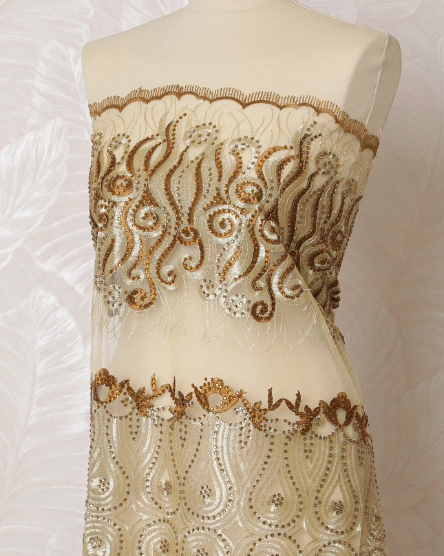 Luxurious Gold and Cream Embroidered Nylon Tulle Fabric, 140 cm Wide – Elegant Swirl and Foliage Design-D19258