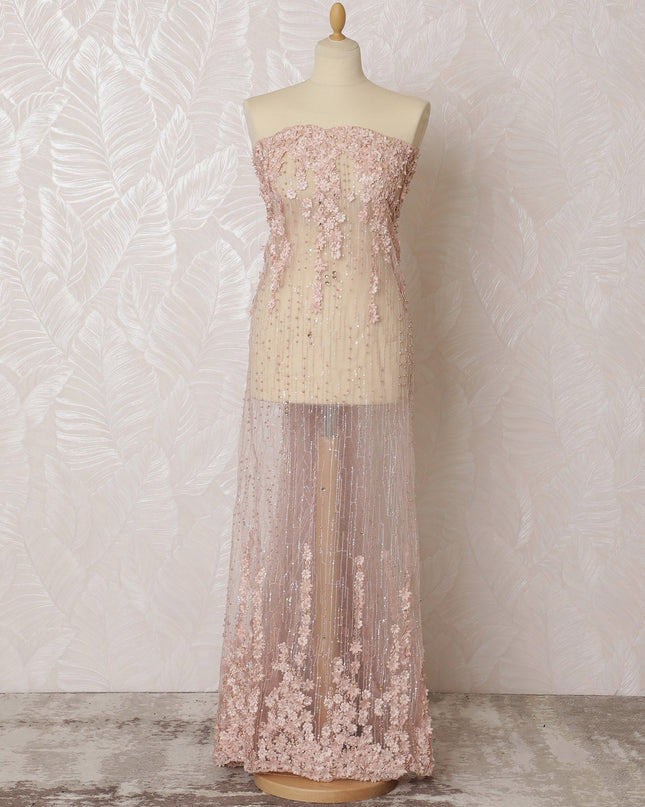 Elegant Blush Pink and Gold Sequined Nylon Tulle Fabric, 140 cm Wide â€“ Romantic Floral and Sequin Design-D19259 Regal Fabrics