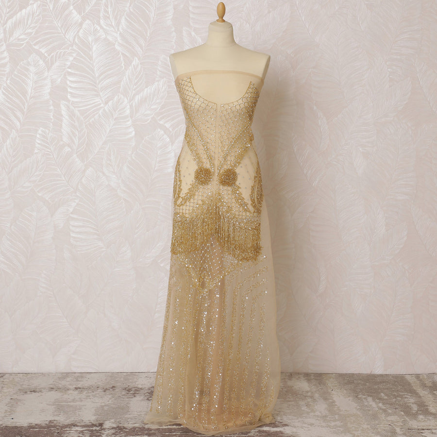 قماش تول نايلون فاخر مزين بالترتر الذهبي، بعرض 140 سم - تصميم آرت ديكو باهظ -D19260