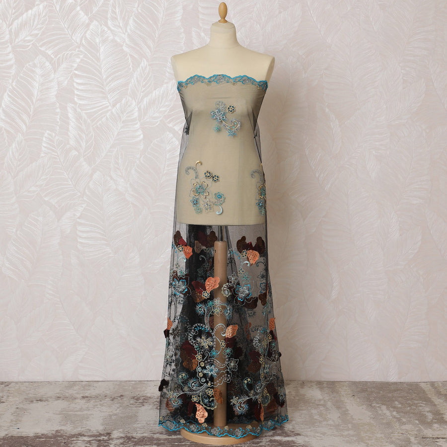 قماش تول نايلون مطرز متعدد الألوان، بعرض 140 سم - تصميم فريد من نوعه من الزهور والبيزلي-D19262