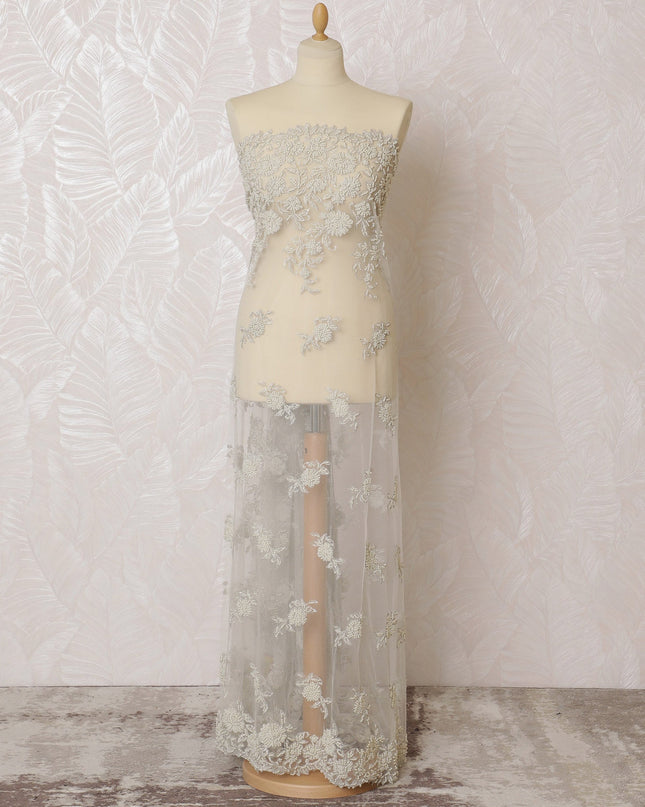 Elegant Silver Embroidered Nylon Tulle Fabric, 140 cm Wide â€“ Luxurious Vine and Floral Design-D19263 Regal Fabrics