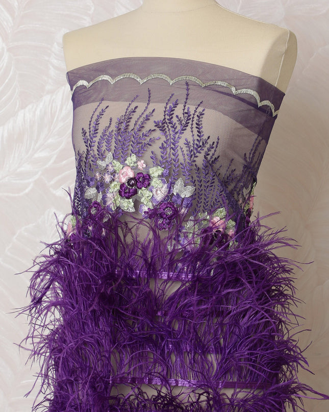 Lavish Purple Nylon Tulle Fabric with Floral Embroidery and Feather Trim - 140cm Wide-D19264