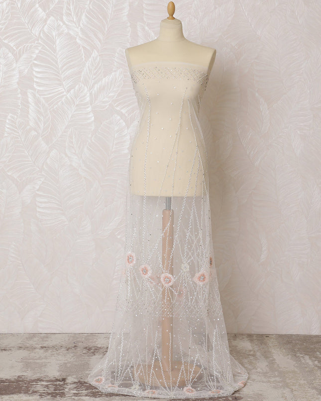 Ethereal Cream Nylon Tulle Fabric with Pink Floral Embroidery and Beading - 140cm Wide-D19268 Regal Fabrics