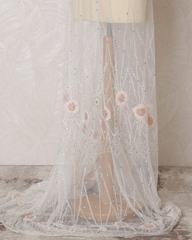 Ethereal Cream Nylon Tulle Fabric with Pink Floral Embroidery and Beading - 140cm Wide-D19268 Regal Fabrics