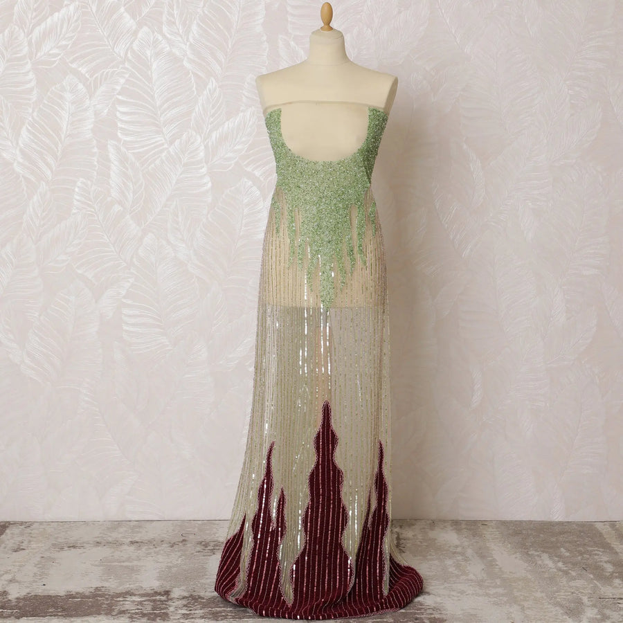 Vibrant Green and Burgundy Nylon Tulle Fabric with Beaded Accents - 140cm Wide-D19269 Regal Fabrics
