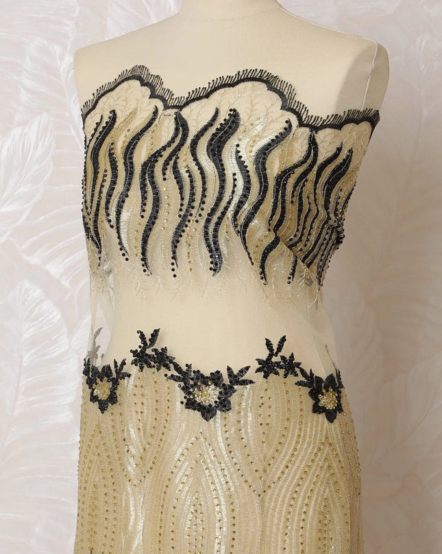 Sophisticated Cream Nylon Tulle Fabric with Black Art Deco Embroidery - 140cm Wide-D19270 Regal Fabrics