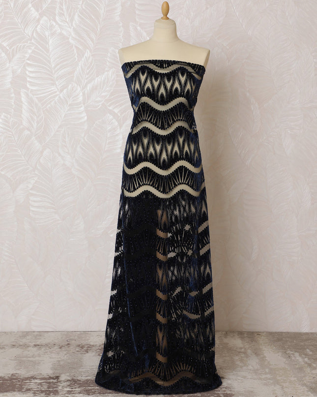 Elegant Navy Blue Nylon Tulle Fabric with Sequined Art Nouveau Embroidery - 140cm Wide-D19271 Regal Fabrics
