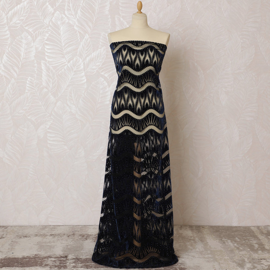 قماش تول نايلون أزرق داكن أنيق مع تطريز على طراز فن الآرت نوفو مطرز بالترتر - عرض 140 سم-D19271