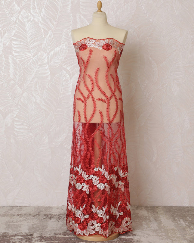 Radiant Red Nylon Tulle Fabric with White Floral and Vine Embroidery - 140cm Wide-D19272 Regal Fabrics