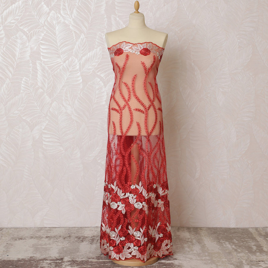 Radiant Red Nylon Tulle Fabric with White Floral and Vine Embroidery - 140cm Wide-D19272