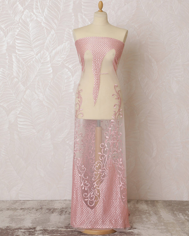 Delicate Pink Nylon Tulle Fabric with White Embroidery - 140cm Wide-D19273