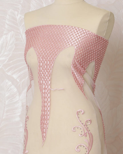 Delicate Pink Nylon Tulle Fabric with White Embroidery - 140cm Wide-D19273