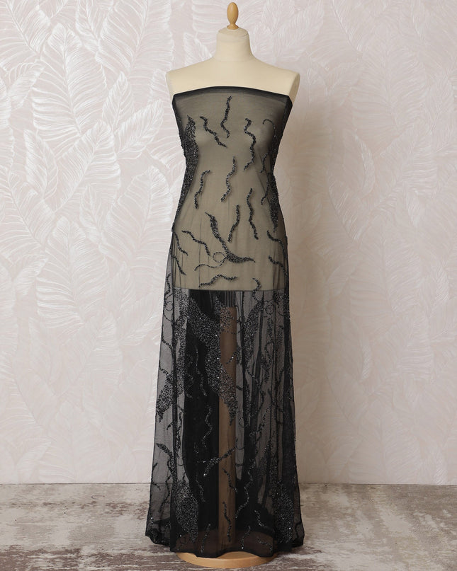 Mystic Black and Grey Nylon Tulle Fabric with Abstract Embroidery - 140cm Wide-D19274