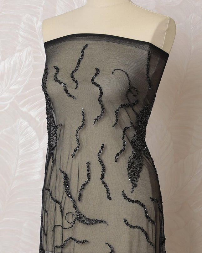 Mystic Black and Grey Nylon Tulle Fabric with Abstract Embroidery - 140cm Wide-D19274