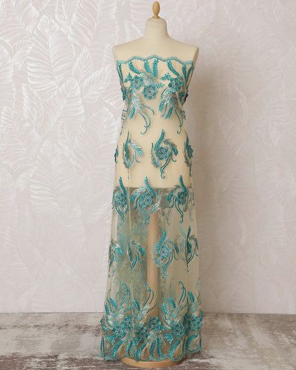 Elegant Cream and Teal Nylon Tulle Fabric with Paisley Embroidery - 140cm Wide-D19275