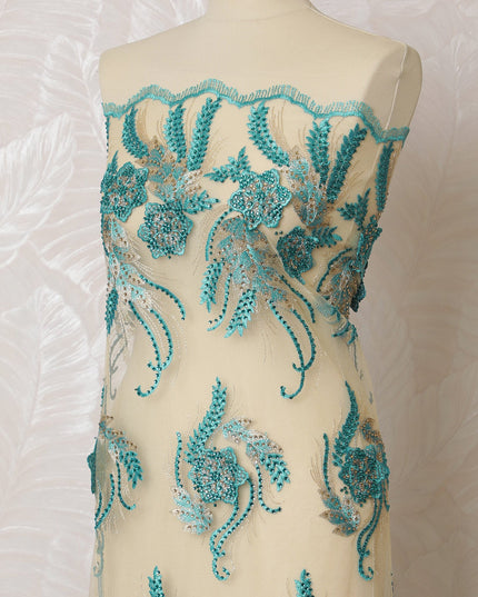 Elegant Cream and Teal Nylon Tulle Fabric with Paisley Embroidery - 140cm Wide-D19275