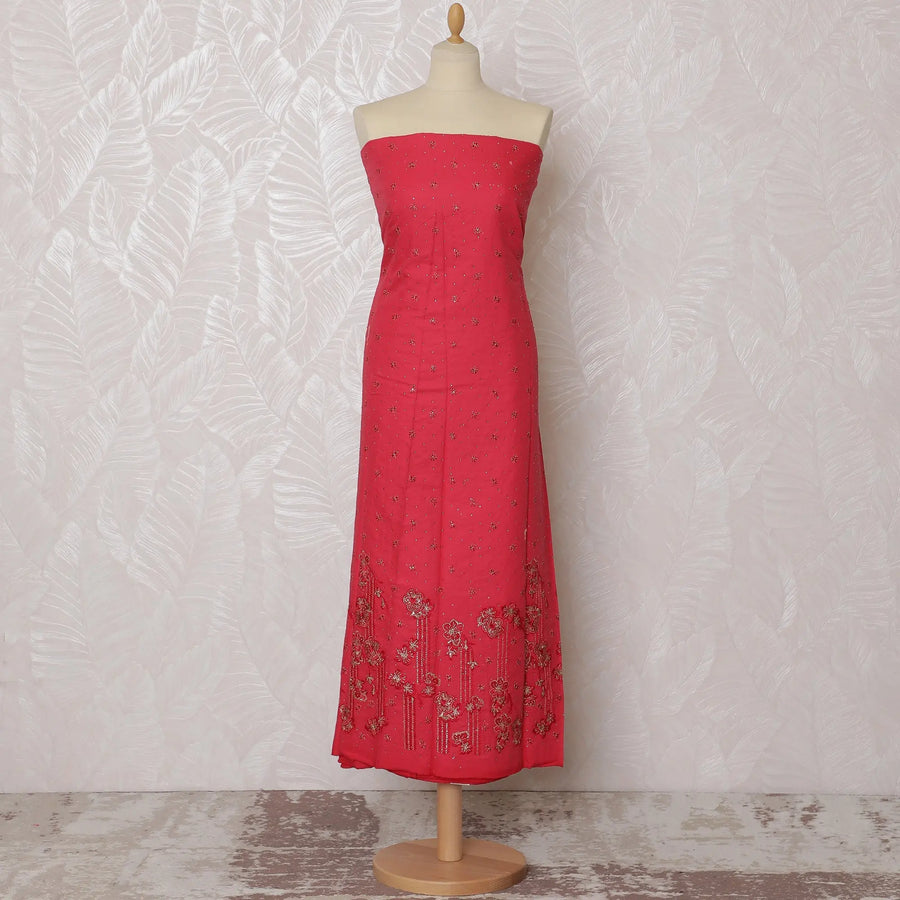 Elegant Red Blended Cotton Fabric with Intricate Floral Embroidery - 110 cm Width X 3.0 Mtrs-D19764 Regal Fabrics
