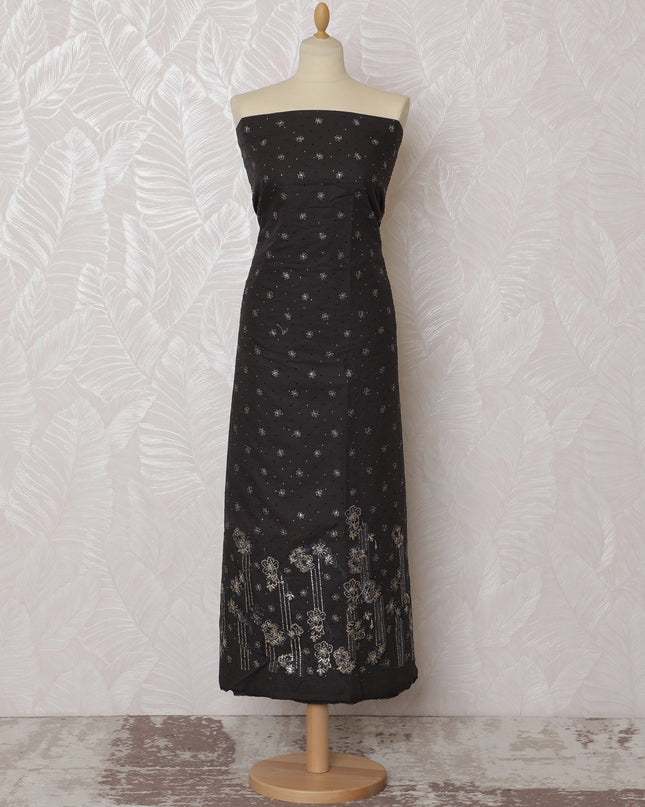 Sophisticated Black Blended Cotton Fabric with Silver Floral Embroidery - 110 cm Width X 3.0 Mtrs-D19765