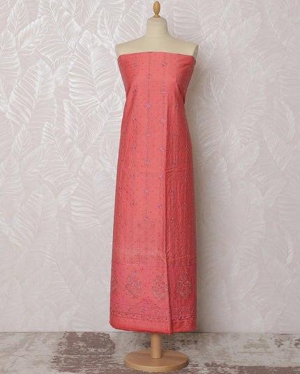 Graceful Coral Pink Blended Cotton Fabric with Embroidery - 110 cm Width X 3.0 Mtrs-D19767