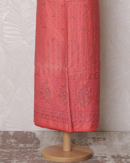 Graceful Coral Pink Blended Cotton Fabric with Embroidery - 110 cm Width X 3.0 Mtrs-D19767