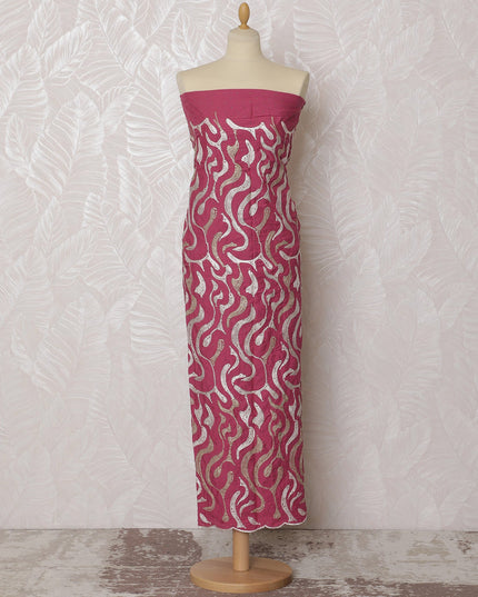 Vibrant Magenta Blended Cotton Fabric with White and Gold Embroidery - Last Piece of 3.0 Meters, 110 cm Width-D19769