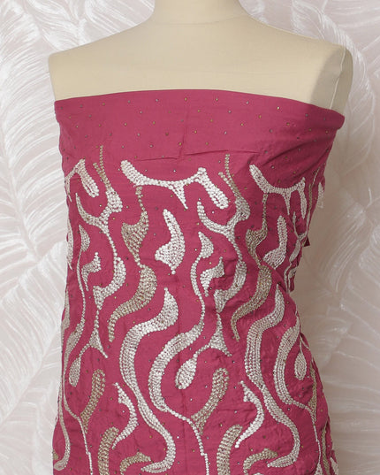 Vibrant Magenta Blended Cotton Fabric with White and Gold Embroidery - Last Piece of 3.0 Meters, 110 cm Width-D19769