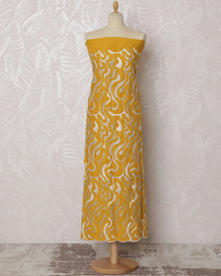 Vibrant Yellow Blended Cotton Fabric with White and Gold Embroidery - Last Piece of 3.0 Meters, 110 cm Width-D19770