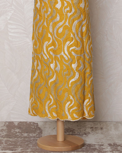 Vibrant Yellow Blended Cotton Fabric with White and Gold Embroidery - Last Piece of 3.0 Meters, 110 cm Width-D19770