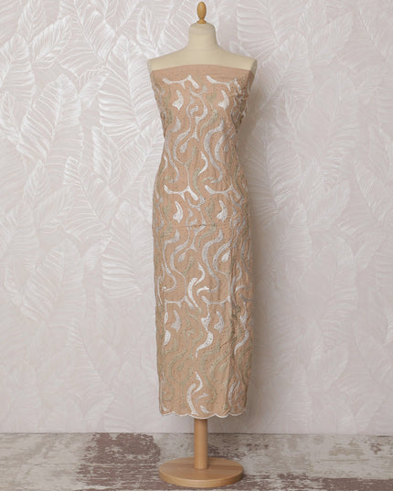 Elegant Beige Blended Cotton Fabric with White and Gold Embroidery - Last Piece of 3.0 Meters, 110 cm Width-D19772