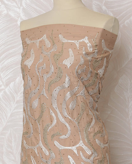 Elegant Beige Blended Cotton Fabric with White and Gold Embroidery - Last Piece of 3.0 Meters, 110 cm Width-D19772