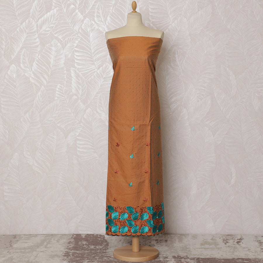 Rich Brown Blended Cotton Fabric with Multicolor Embroidery - Last Piece of 3.0 Meters, 110 cm Width-D19774