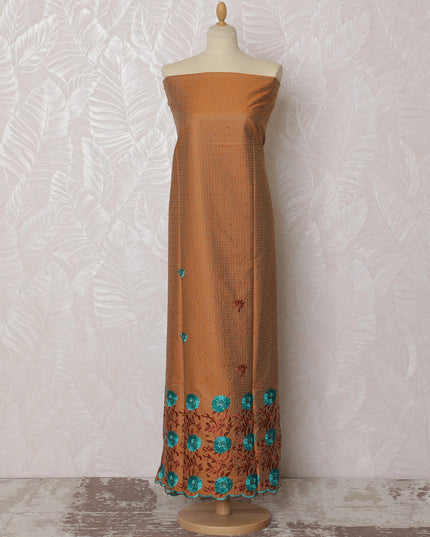 Elegant Rust Brown Blended Cotton Fabric with Turquoise and Red Embroidery - Last Piece of 3.0 Meters, 110 cm Width-D19775