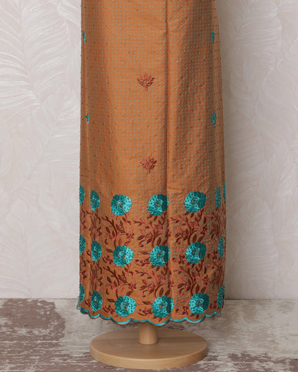 Elegant Rust Brown Blended Cotton Fabric with Turquoise and Red Embroidery - Last Piece of 3.0 Meters, 110 cm Width-D19775