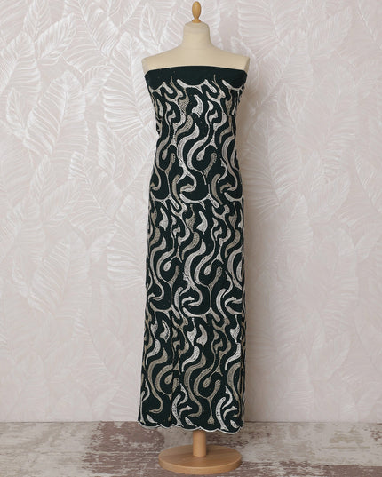 Elegant Black Blended Cotton Fabric with White and Gold Embroidery - Last Piece of 3.0 Meters, 110 cm Width-D19778