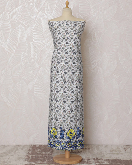 Chic White Blended Cotton Fabric with Blue and Yellow Floral Embroidery - Last Piece of 3.0 Meters, 110 cm Width-D19779