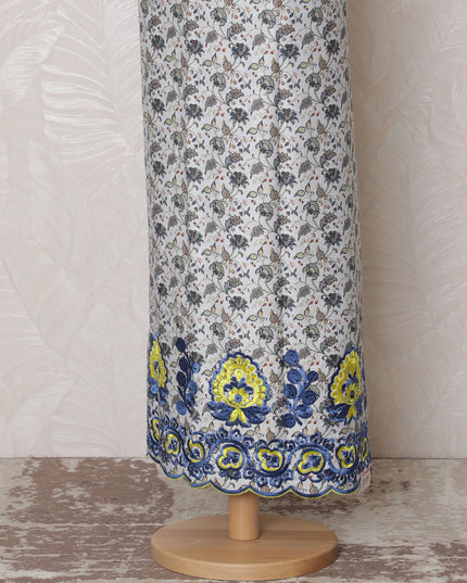 Chic White Blended Cotton Fabric with Blue and Yellow Floral Embroidery - Last Piece of 3.0 Meters, 110 cm Width-D19779