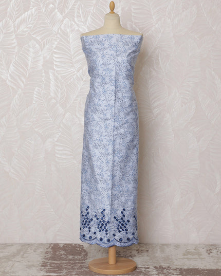 Elegant Light Blue Blended Cotton Fabric with Navy Blue Floral Embroidery - Last Piece of 3.0 Meters, 110 cm Width-D19780