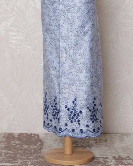 Elegant Light Blue Blended Cotton Fabric with Navy Blue Floral Embroidery - Last Piece of 3.0 Meters, 110 cm Width-D19780