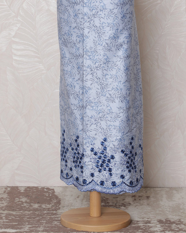 Elegant Light Blue Blended Cotton Fabric with Navy Blue Floral Embroidery - Last Piece of 3.0 Meters, 110 cm Width-D19780