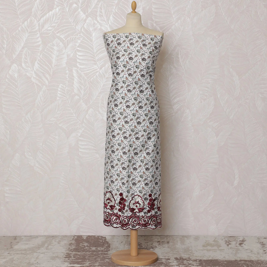 Elegant White Blended Cotton Fabric with Maroon Floral Embroidery - Last Piece of 3.0 Meters, 110 cm Width-D19781 Regal Fabrics