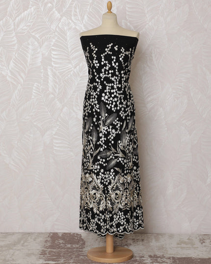 Sophisticated Black Blended Cotton Fabric with White Floral Embroidery - Last Piece of 3.0 Meters, 110 cm Width-D19782