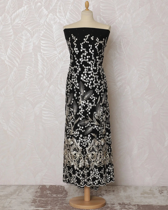 Sophisticated Black Blended Cotton Fabric with White Floral Embroidery - Last Piece of 3.0 Meters, 110 cm Width-D19782 Regal Fabrics