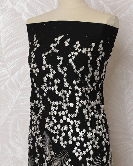 Sophisticated Black Blended Cotton Fabric with White Floral Embroidery - Last Piece of 3.0 Meters, 110 cm Width-D19782