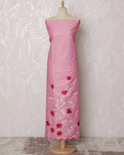 Charming Pink Blended Cotton Fabric with Red Floral Embroidery - Last Piece of 3.0 Meters, 110 cm Width-D19784