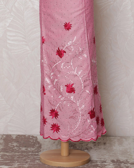 Charming Pink Blended Cotton Fabric with Red Floral Embroidery - Last Piece of 3.0 Meters, 110 cm Width-D19784