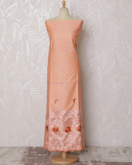 Peach Blended Cotton Fabric with Orange Floral Embroidery - Last Piece of 3.0 Meters, 110 cm Width-D19786