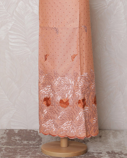 Peach Blended Cotton Fabric with Orange Floral Embroidery - Last Piece of 3.0 Meters, 110 cm Width-D19786