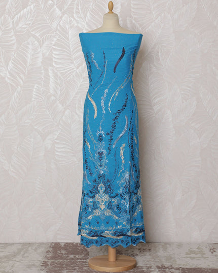 Vibrant Blue Blended Cotton Fabric with Intricate Embroidery - Last Piece of 3.0 Meters, 110 cm Width-D19787