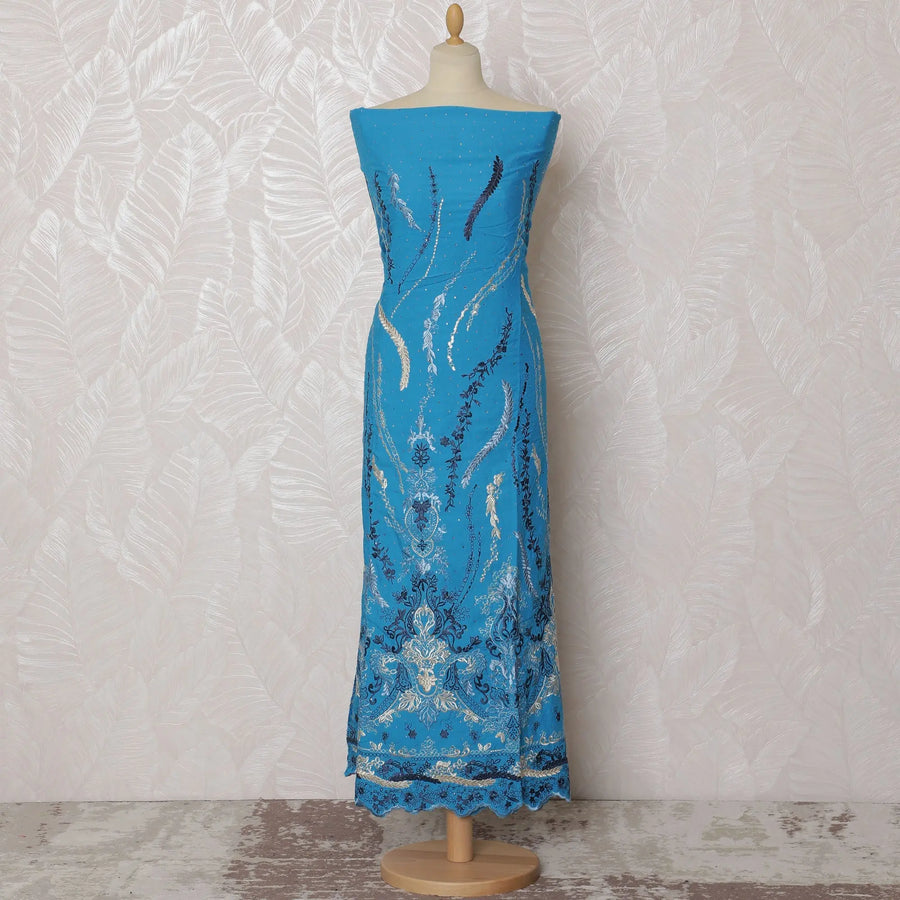 Vibrant Blue Blended Cotton Fabric with Intricate Embroidery - Last Piece of 3.0 Meters, 110 cm Width-D19787 Regal Fabrics