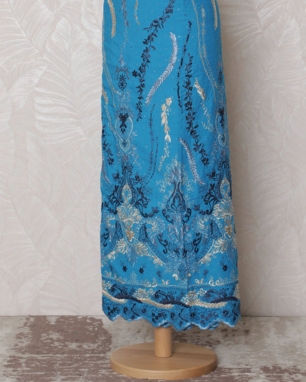 Vibrant Blue Blended Cotton Fabric with Intricate Embroidery - Last Piece of 3.0 Meters, 110 cm Width-D19787